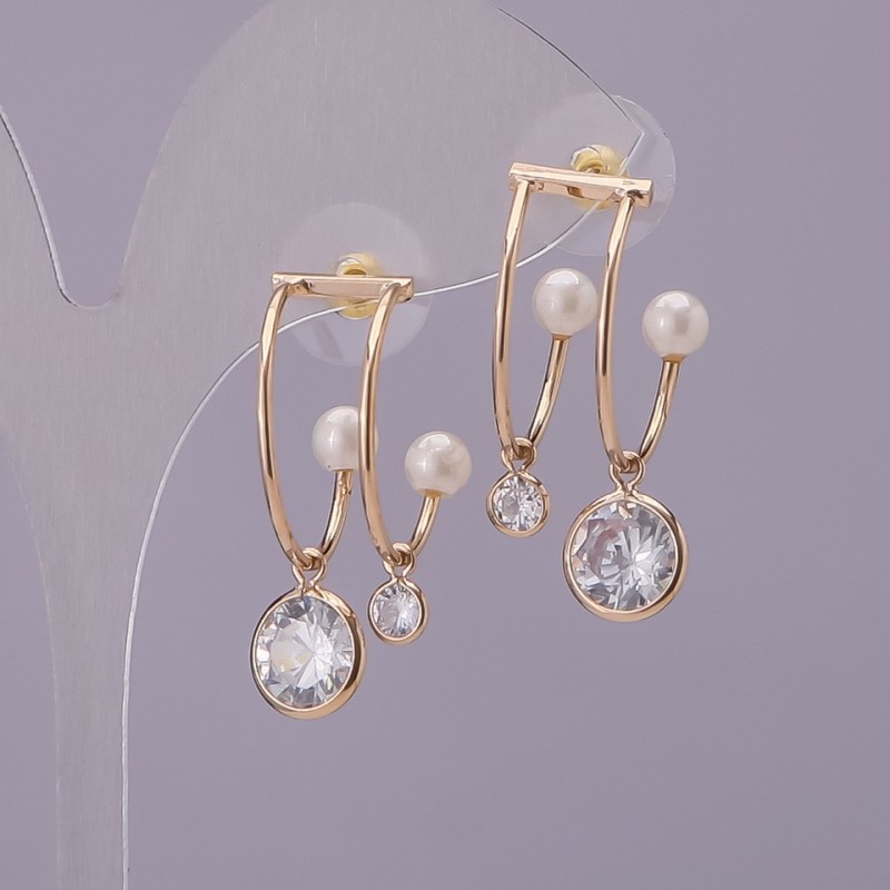 Bar Stud Earrings with White Crystals and Pearl, Gold-Tone Metal, 22x31mm