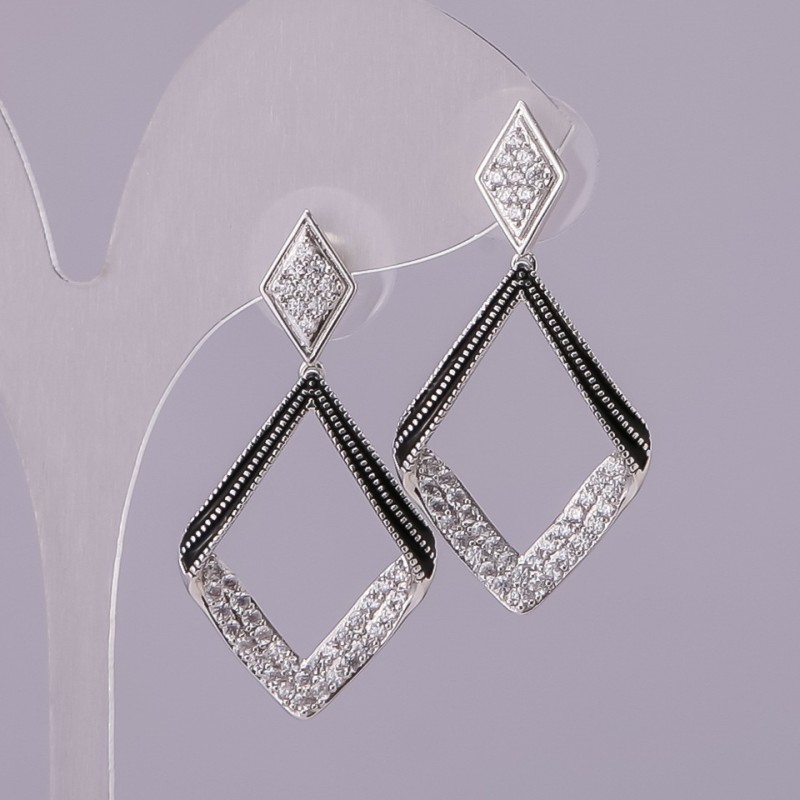 Rhombus Stud Earrings with Rhinestones, Silver-Tone Metal, 20x39mm