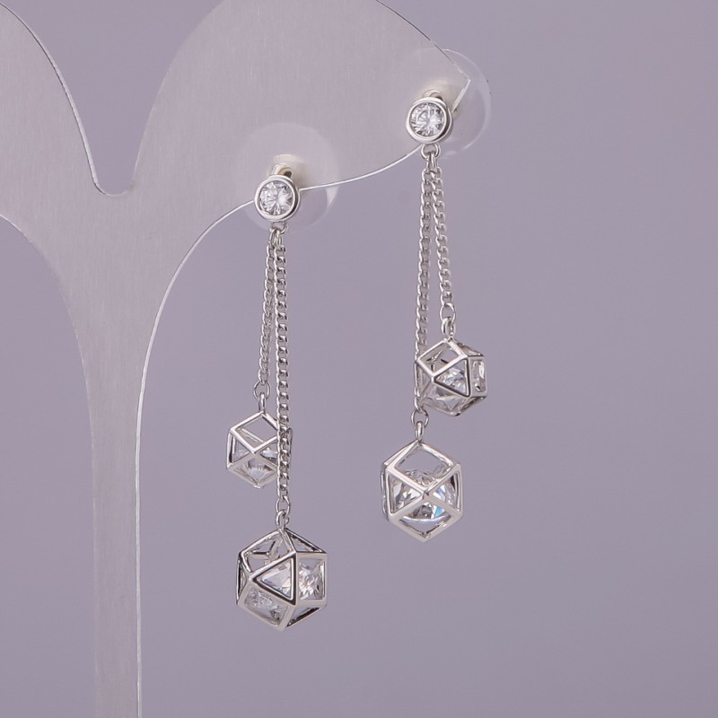 Stud Earrings with Polyhedron Drop, White Crystal, Sterling Silver 925, 10x48mm
