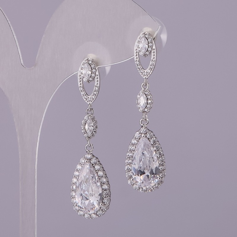 Drop Stud Earrings with White Crystals, Silver-Tone Metal, 12x46mm