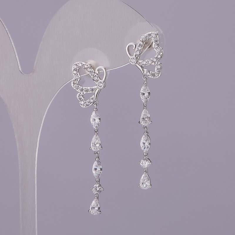 Butterfly Stud Earrings with White Crystals, Silver-Tone Metal, 11x40mm
