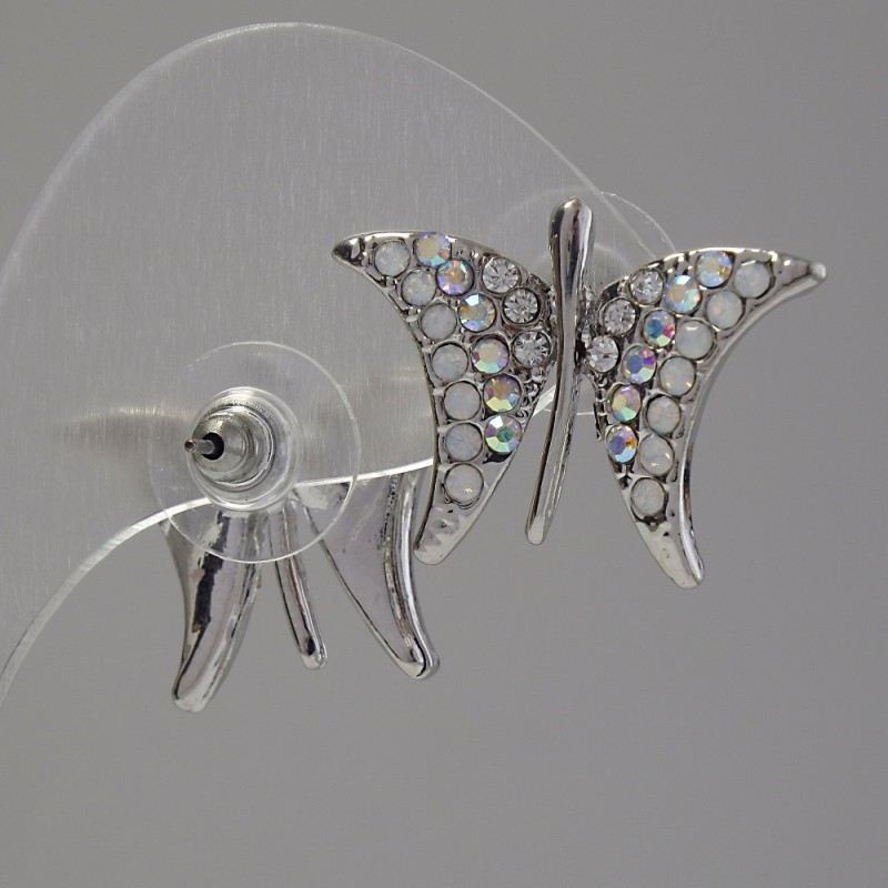 Stud Earrings Butterflies,CHameleon Rhinestones, Silver-plated Metal, 2.2 cm