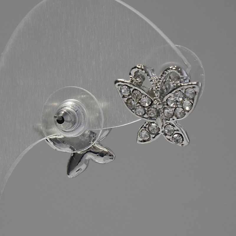 Earrings 'Butterflies' Studs, white rhinestones, silver-tone metal, 1.5 cm