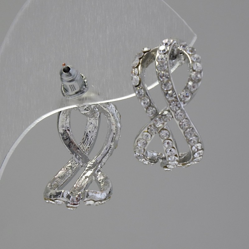Earrings 'Infinity' Studs, White Crystals, Silver-Tinish Metal, 2 cm