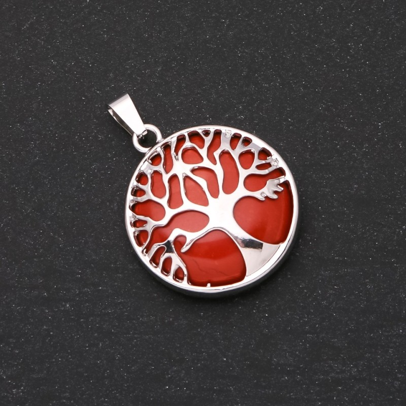 Pendant made of natural Red Jasper stone in a "Tree" setting, diameter 27mm