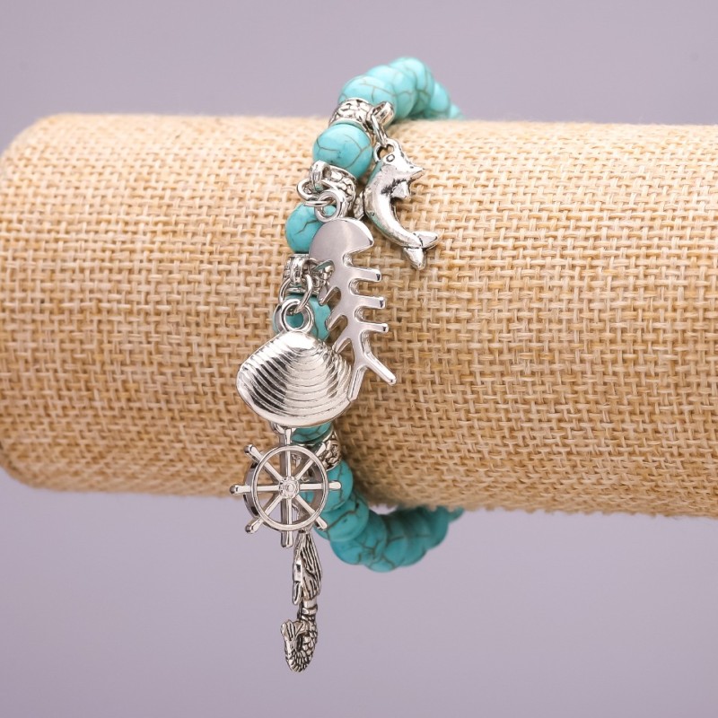 Bracelet with Turquoise and Sea Charms, Diameter 8mm, Length 18cm