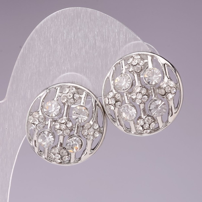 Stud Earrings Circular with White Rhinestones, Silver-tone Metal, 2 cm