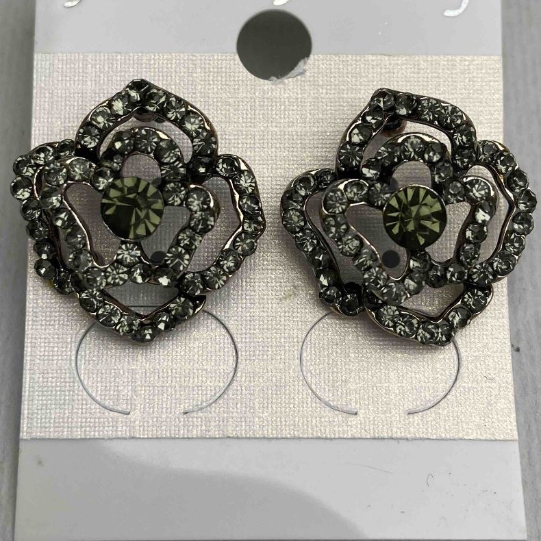 Stud Earrings 'Roses', dark rhinestones, gold-toned metal, 20mm