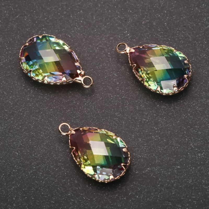 "Drop" Pendant, Rainbow Colour, Gold-Tone Setting 13x21mm