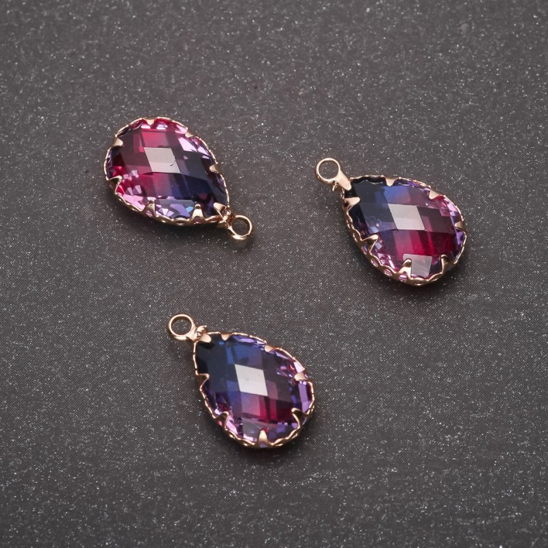Pendant "Drop" Blue-Pink Colour, Gold-tone Setting 10x17mm