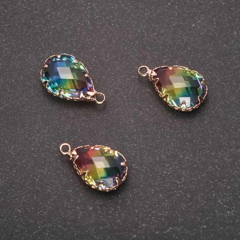“Teardrop” Pendant Rainbow Colour, Gold-tone Setting 10x17mm