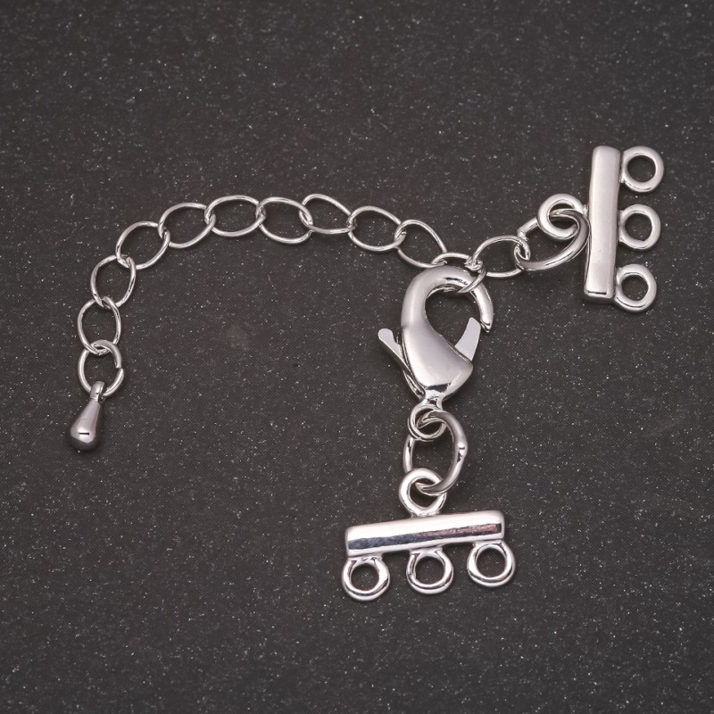 Clasp for Bracelets and Beads, 3-Strand, with Extension Chain, Silver-Toned Metal, diameter 10x14mm, length 5cm