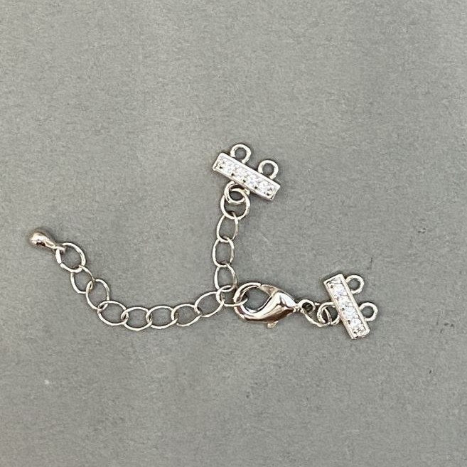 Clasp for Bracelets and Beads on 2 Strings with Rhinestones and Extension Chain, Silver-Tone Metal, Diameter 9x12mm, Length 5cm