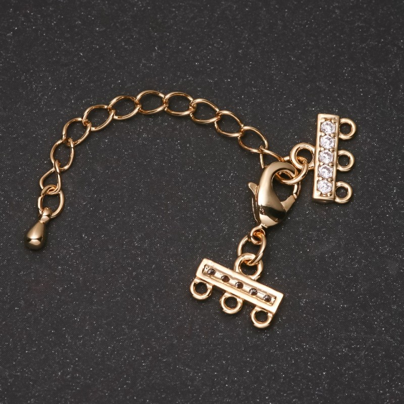 Clasp for Bracelets and Beads, 3-Strand, with Rhinestones and Extension Chain, Gold-Toned Metal, diameter 9x12mm, length 5cm