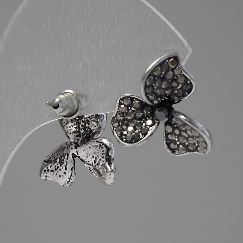 Ear Studs 'Three-leaf Clover' with Dark Crystals, Silver-toned Metal, 20mm