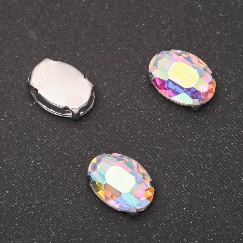Price per pack /10 pcs. Sew-on Crystal in Claw Setting, Oval 10x14mm, Iridescent