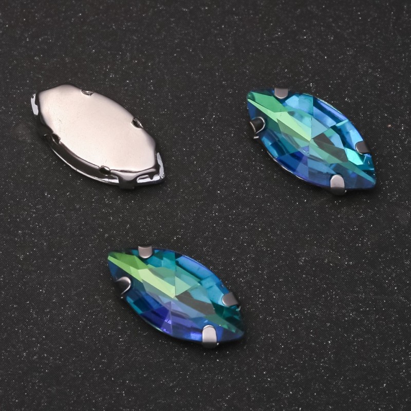 Price per pack /10pcs. Sew-On Crystal in Claw Setting Oval 9x18mm Green-Blue