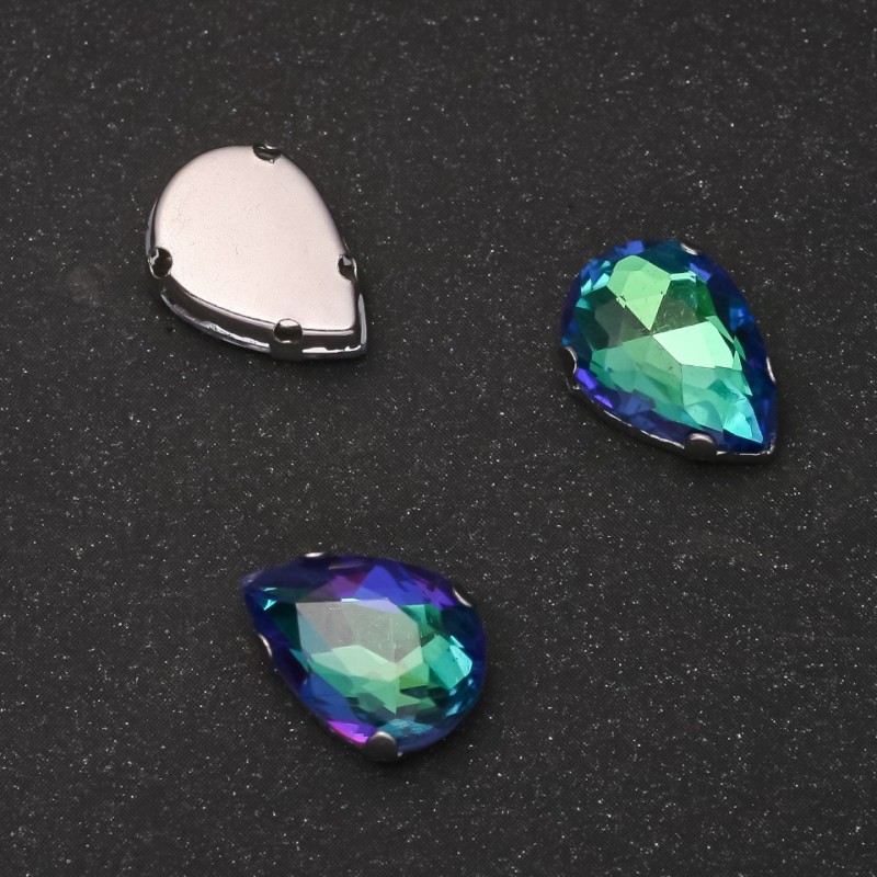 Price per pack /10pcs. Sew-On Crystal in Claw Setting Drop 10x14mm Green-Blue