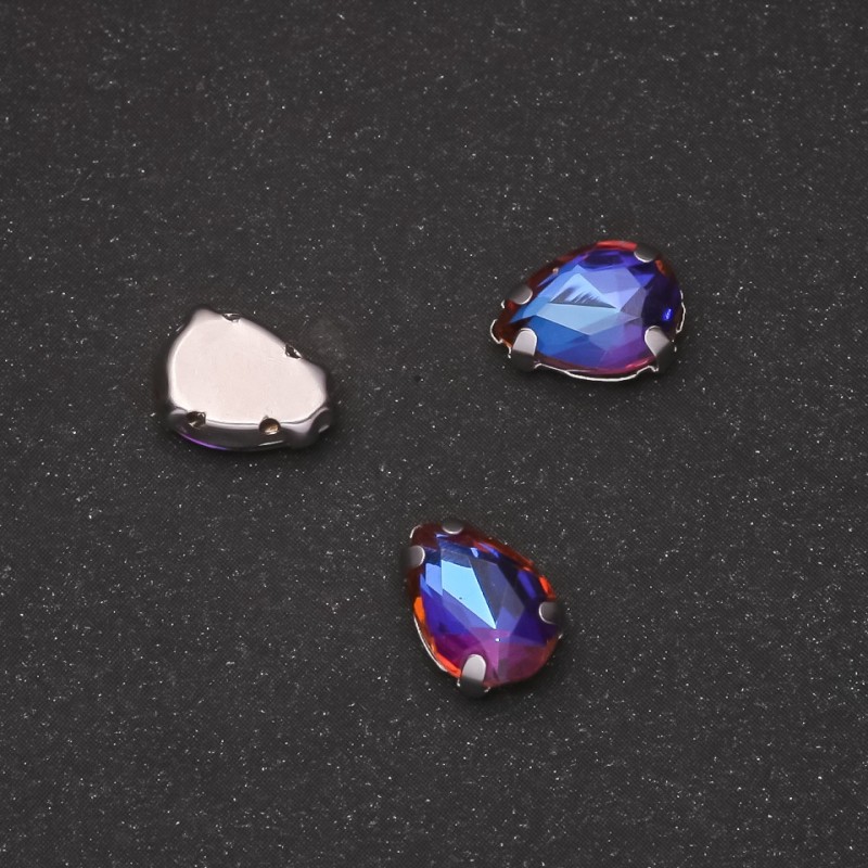 Price per Pack of 10 pcs. Sew-on Crystal in Claw Setting, Drop 7x10mm, Blue-Orange