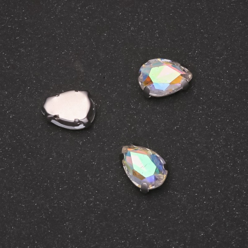 Price per Pack of 10 pcs. Sew-on Crystal in Claw Setting, Drop 7x10mm, Iridescent
