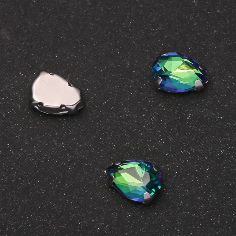 Price per pack /10pcs. Sew-on Crystal in Claw Setting Drop 7x10mm Green-Blue