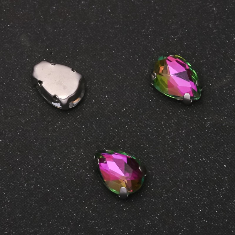 Price per Pack/10pcs. Sew-on Crystal in Setting, Drop 7x10mm, Green-Pink
