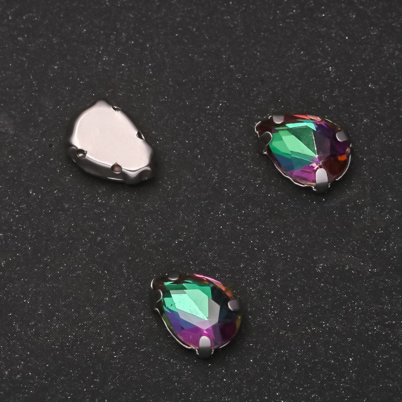 Price per Pack/10pcs. Sew-on Crystal in Setting, Drop 7x10mm, Green-Raspberry