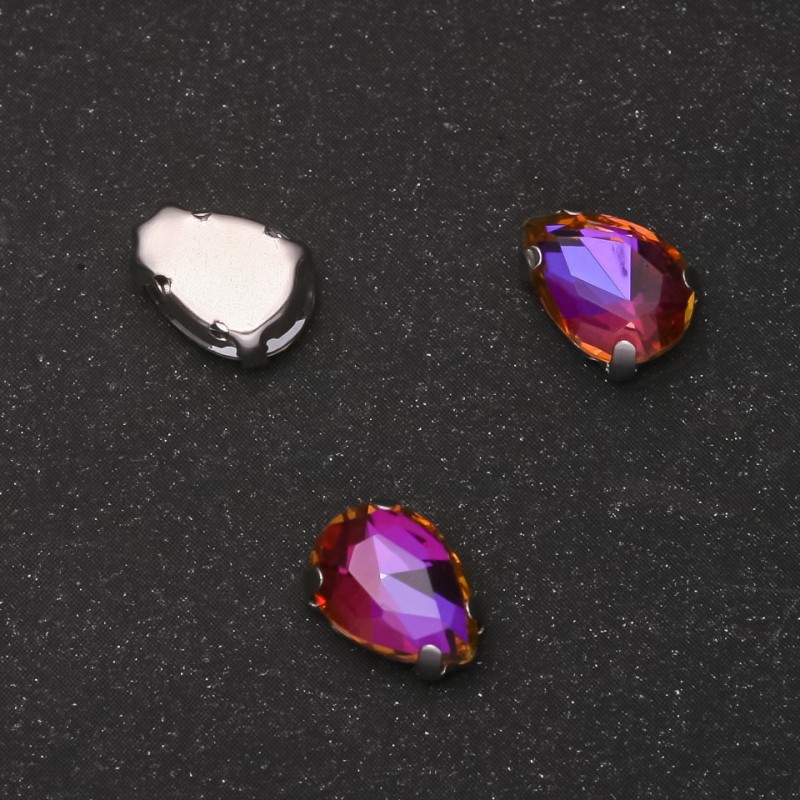 Price per Pack/10pcs. Sew-on Crystal in Setting, Drop 7x10mm, Raspberry-Orange