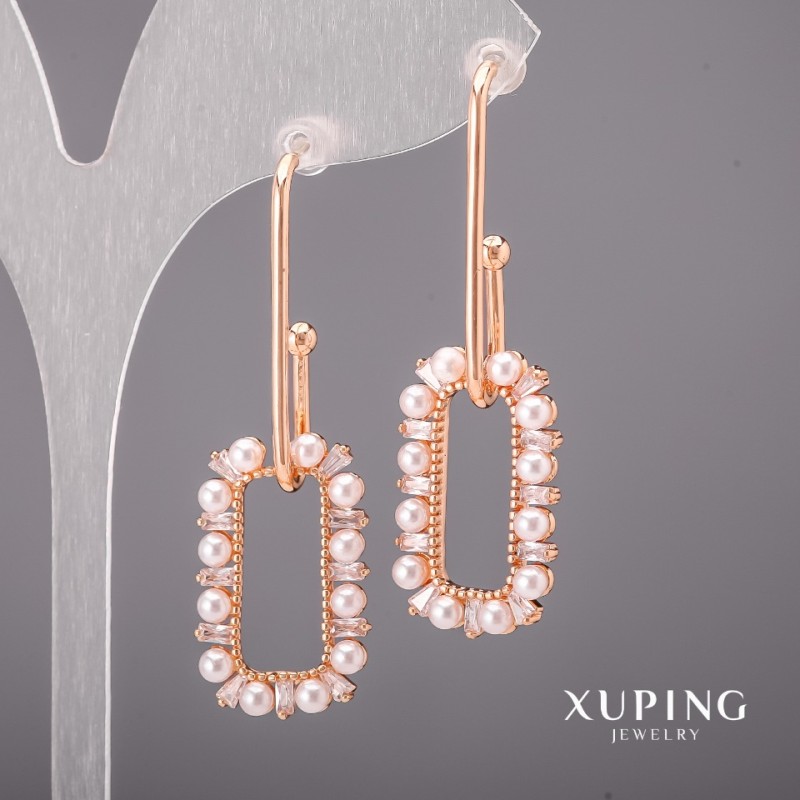 Xuping Earrings with White Stones and Majorca Pearls 16x48mm 18K Gold Plated