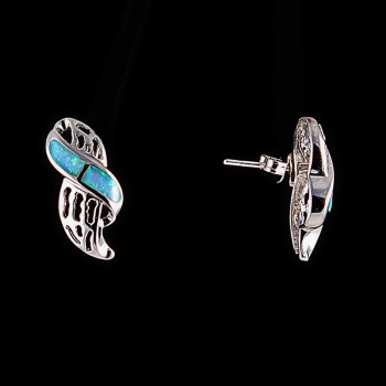 Stud earrings with delicate openwork, blue opal (synthetic) insert, colour-silver finish, 20×10mm
