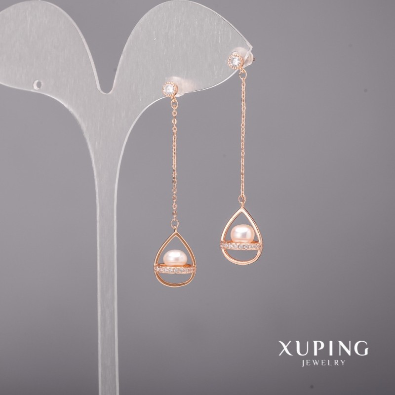 Xuping Earrings with White Stones and Majorica Pearls 10x52mm 18K Gold Plating