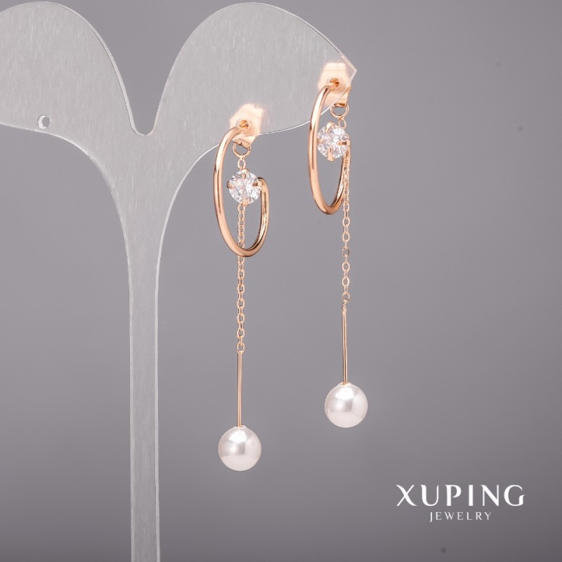 Xuping Earrings with White Stones and Majorca Pearls 23x64mm 18K Gold Plating