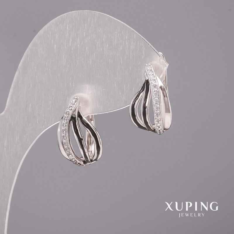 Xuping Earrings with White Stones and Black Enamel 10x16mm Rhodium