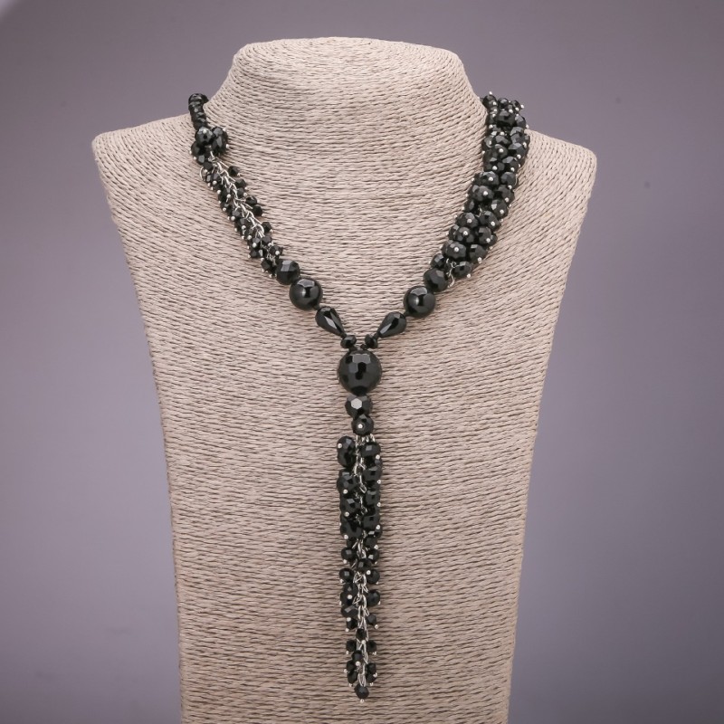 Clearance: Black Necklace with "Czech Crystal" Pendant, Agate, length 58cm+11cm