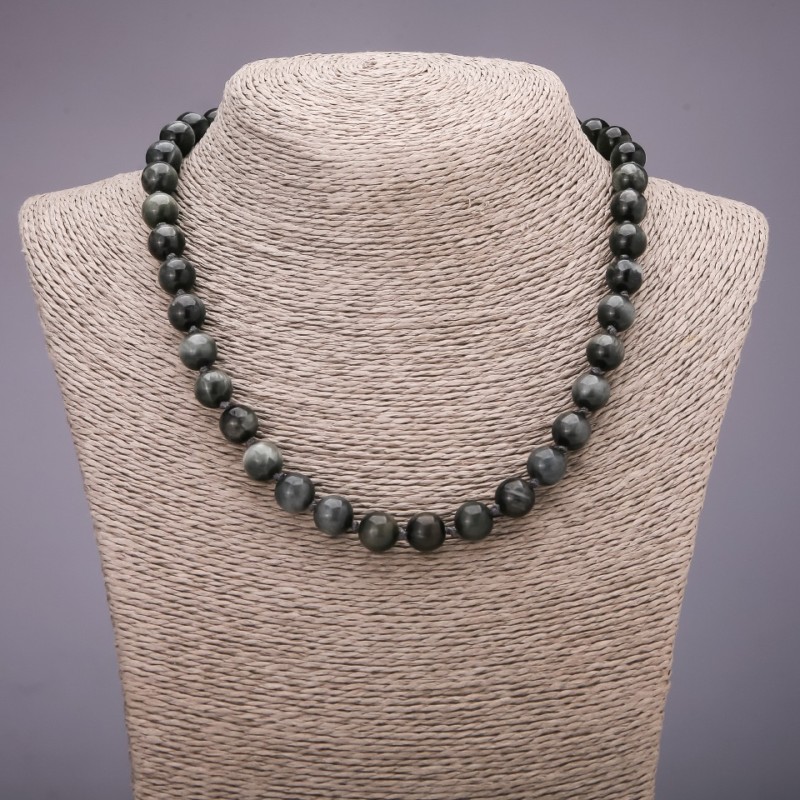 Necklace Natural Hawk's Eye Smooth Bead, Diameter 10(+/-)mm, Length 45cm