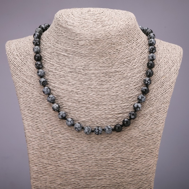 Snow Obsidian Apache Tears Necklace, smooth round beads, diameter 8mm, length 48cm