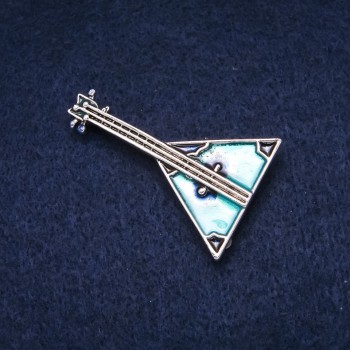 Balalaika Brooch, Enamel, Silver-tone Metal 32x49mm