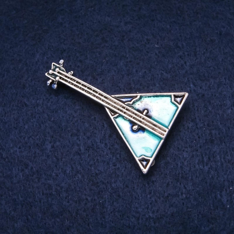 Balalaika Brooch, Enamel, Silver-tone Metal 32x49mm