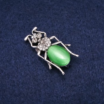 Beetle Brooch with Cat's Eye Cabochon and Rhinestones 23x40mm