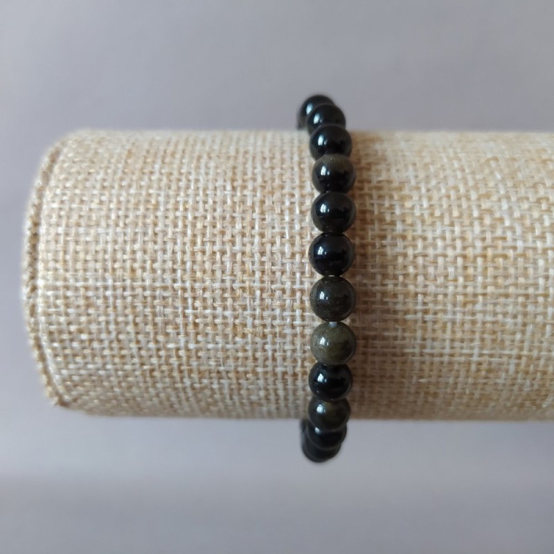 Natural Gold Obsidian Bracelet on Elastic, Smooth Bead 6.5mm, Length 18cm