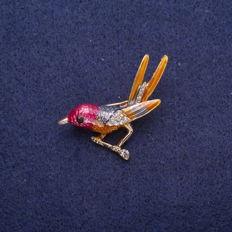 Sale! Pin Bird on a Branch with Enamel and Crystals, Gold-Tone Metal 34x33mm