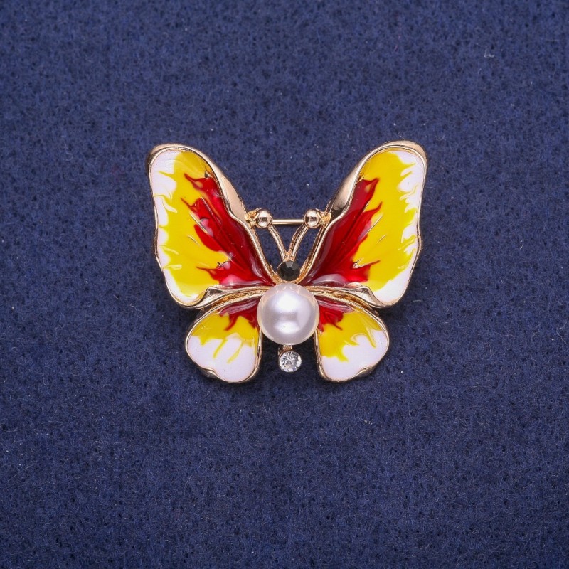 Sale! Butterfly Brooch with Pearl Bead and Enamel 30x35mm, yellow metal