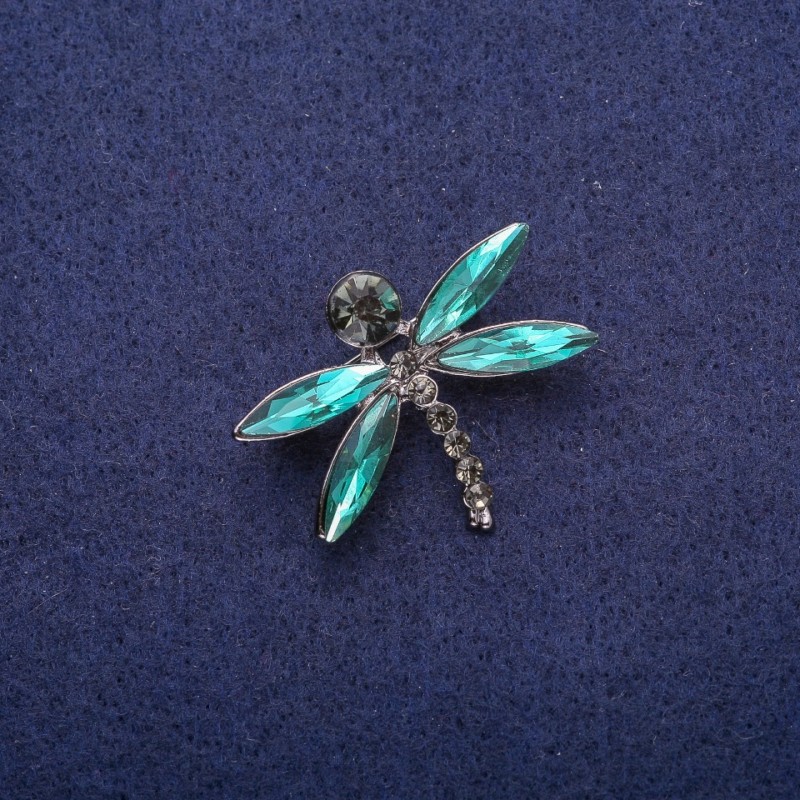 Dragonfly Brooch with Green Crystals, silver-tone metal 26x32mm