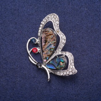 Sale! Butterfly Brooch with Abalone Shell and Rhinestones, silver-tone metal 33x47mm