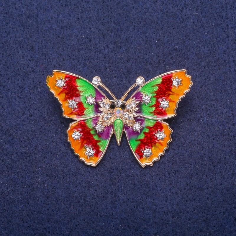 Sale! Butterfly Brooch, Red-Green Enamel, yellow metal 4x3cm