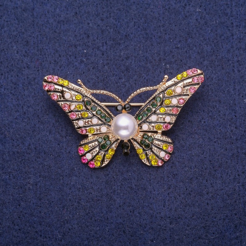 Sale! Butterfly Brooch with Rhinestones and Bead, yellow metal 28x46mm