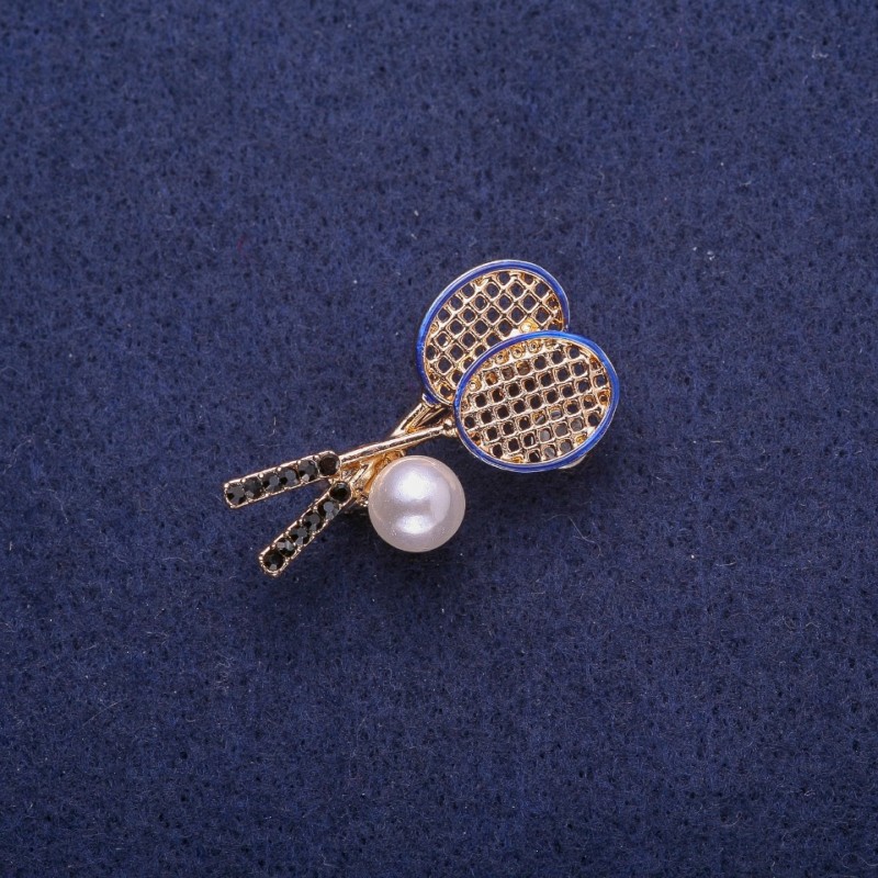 Racquets Brooch with Faux Pearl, gold-tone metal 18x33mm