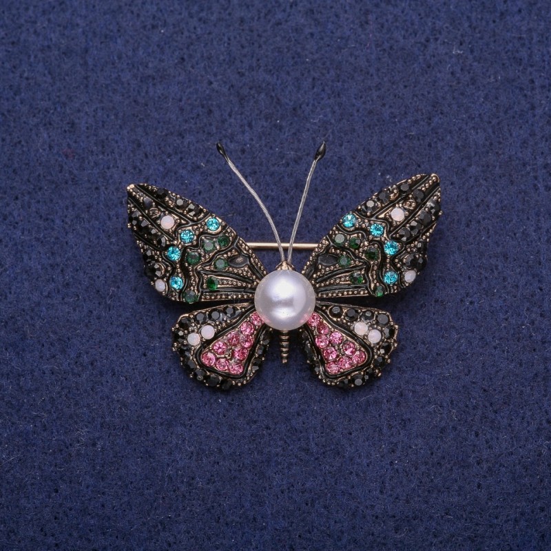 Sale! Butterfly Brooch with Pearl in Multicolour Rhinestones, Gold-Tone Metal 30x41mm