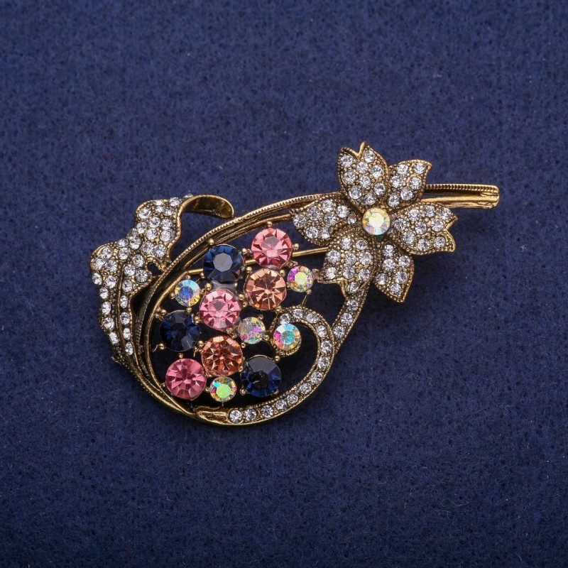 Sale! Flower Brooch with Multicolour Crystals, Gold-Tone Metal 40x65mm