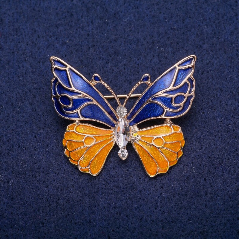 Butterfly Brooch blue-yellow enamel, white crystal, gold-tone metal 30x36mm